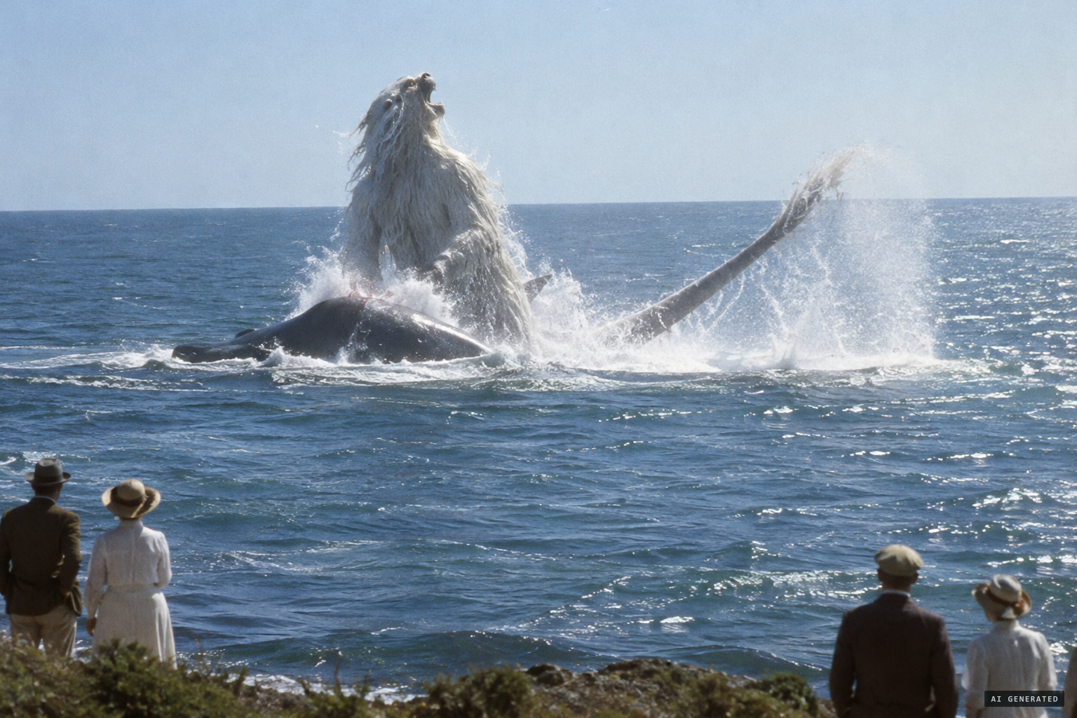 The creature rears 20 feet up and strikes the whales with its tail