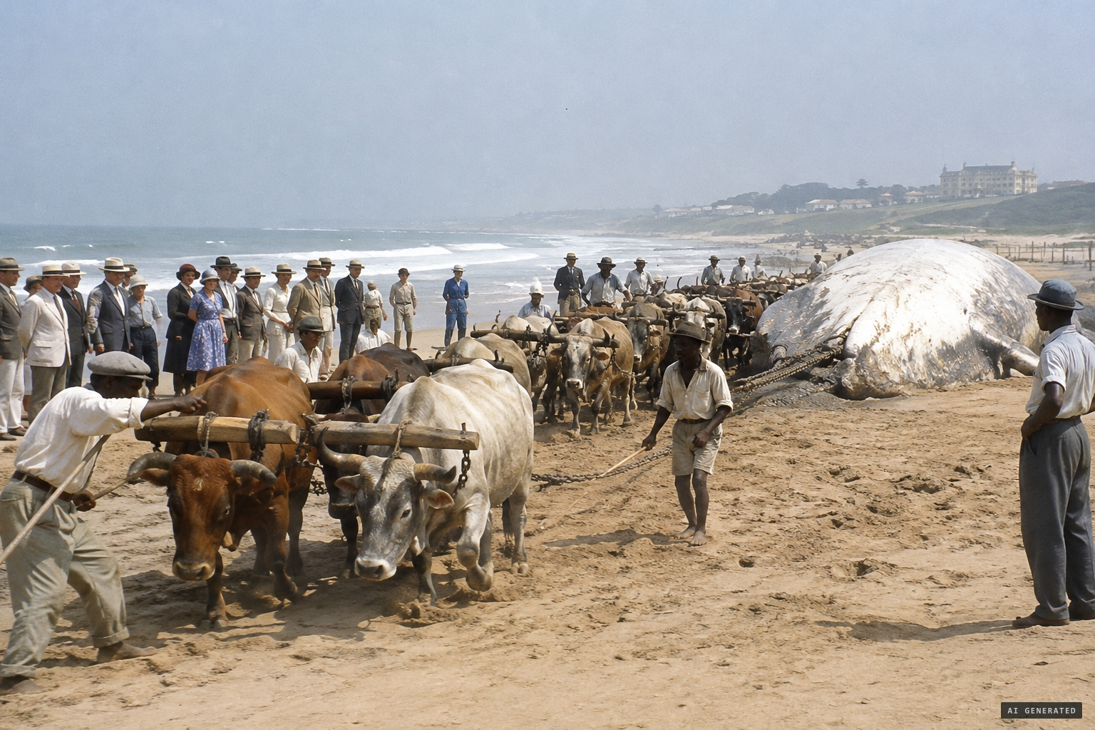 A team of 32 oxen fails to drag it back to the sea