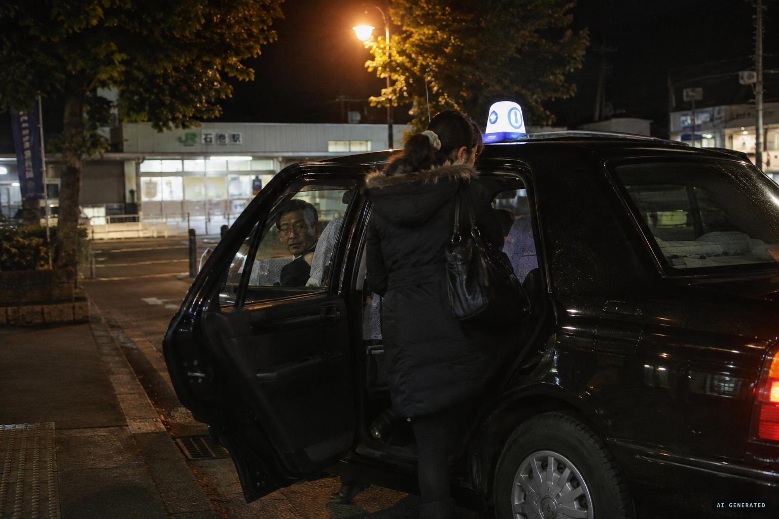 A woman in a winter coat hails a taxi on a summer night