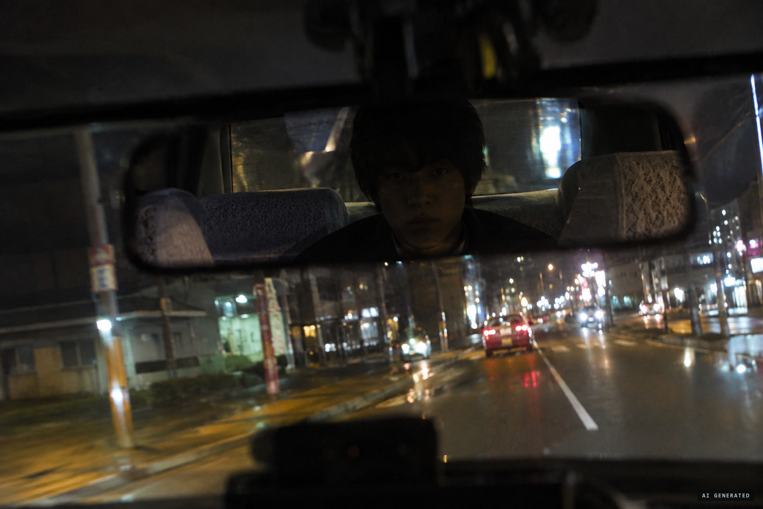 A silent young passenger points forward