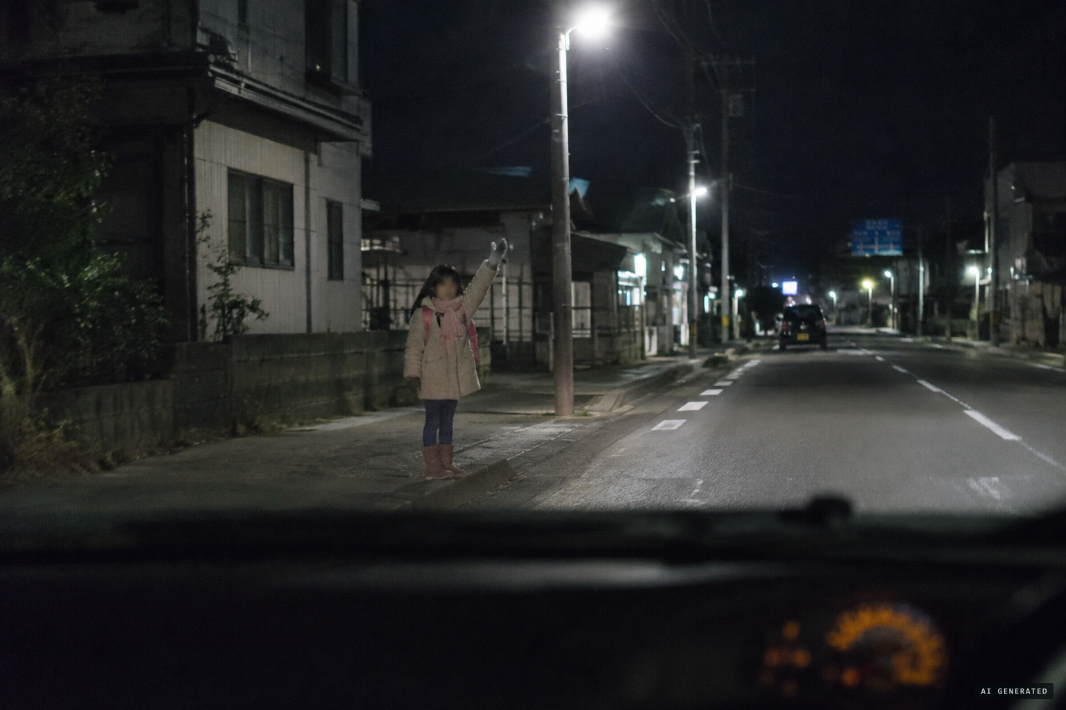 A little girl dressed for winter hails a cab in summer