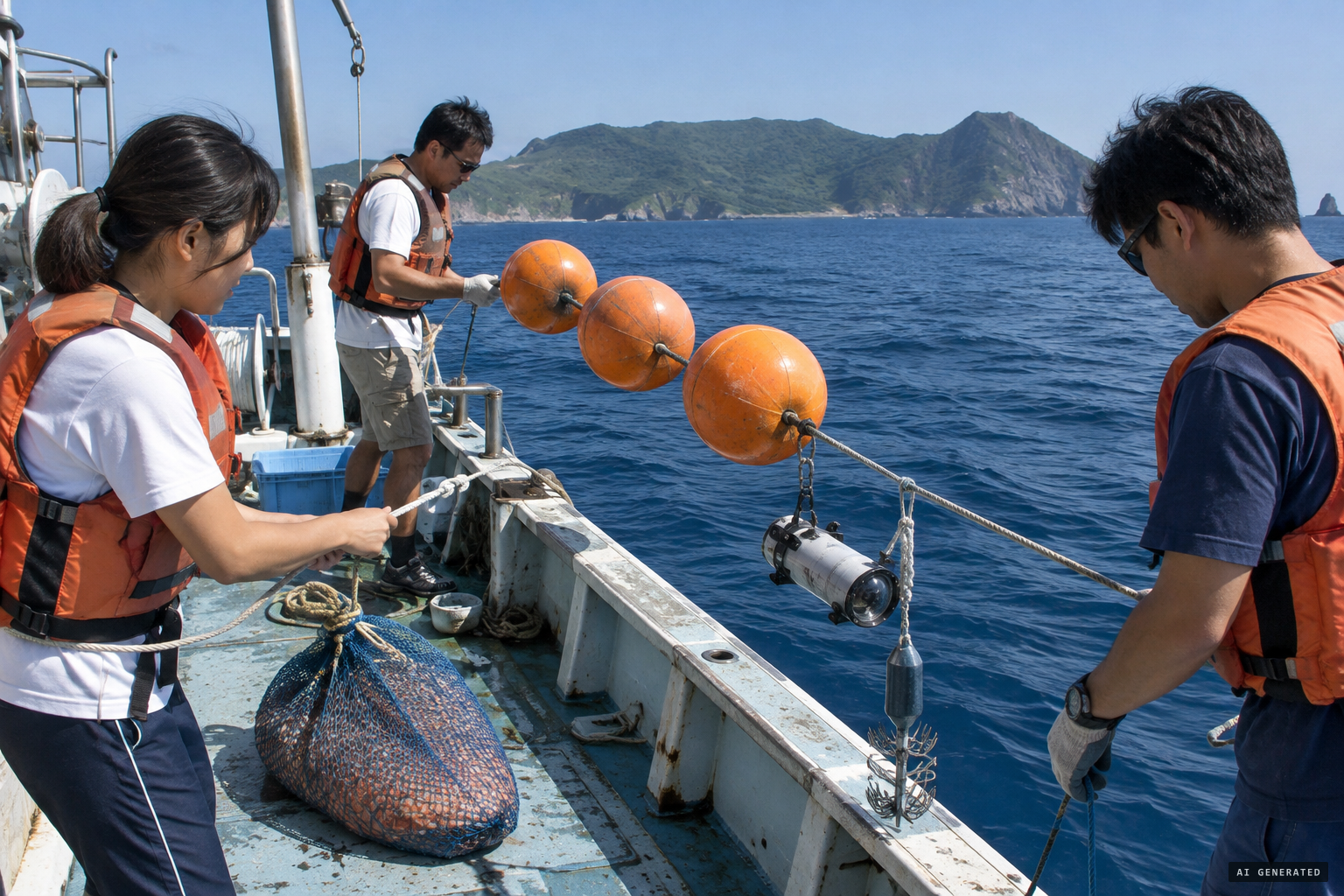 The team deploys the baited line with its deep-sea camera