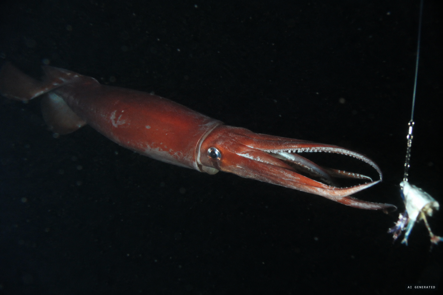 At 09:15 the giant squid strikes the bait from the side