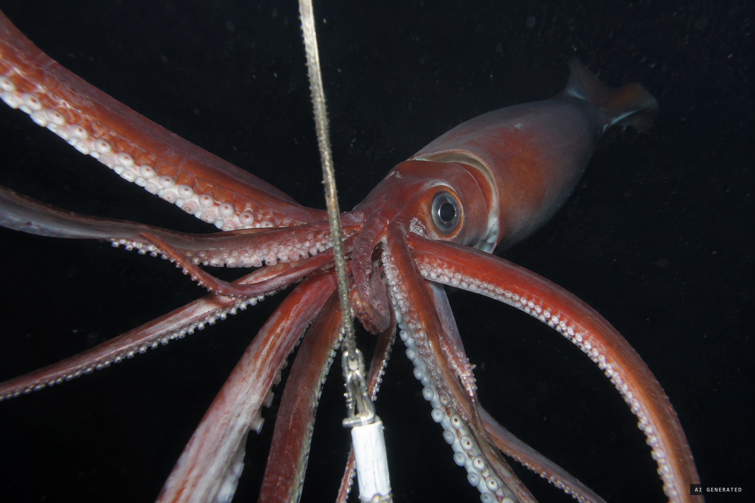 The squid returns to the line, spreading its arms wide