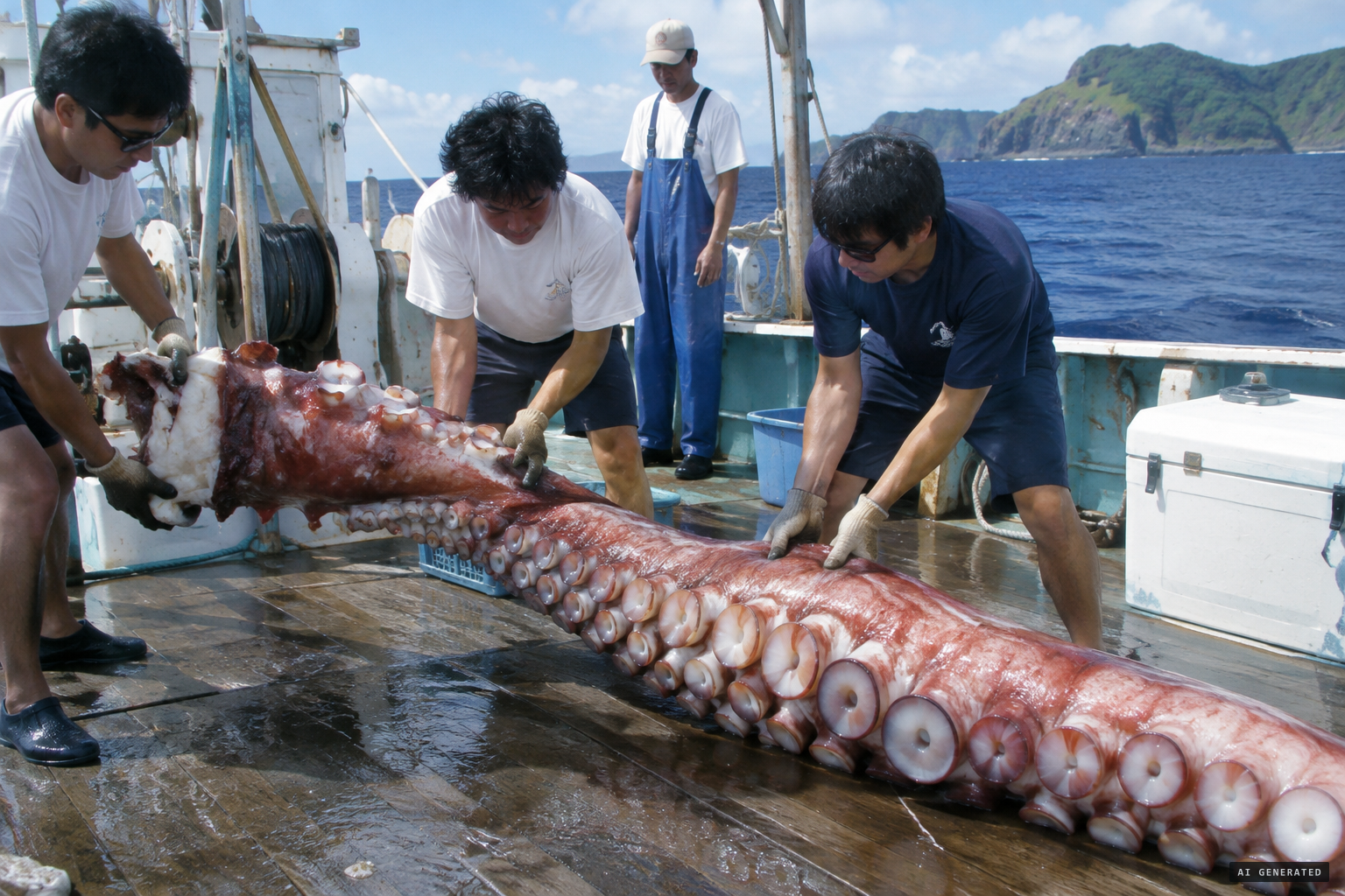 The crew hauls up 5.5 metres of severed tentacle