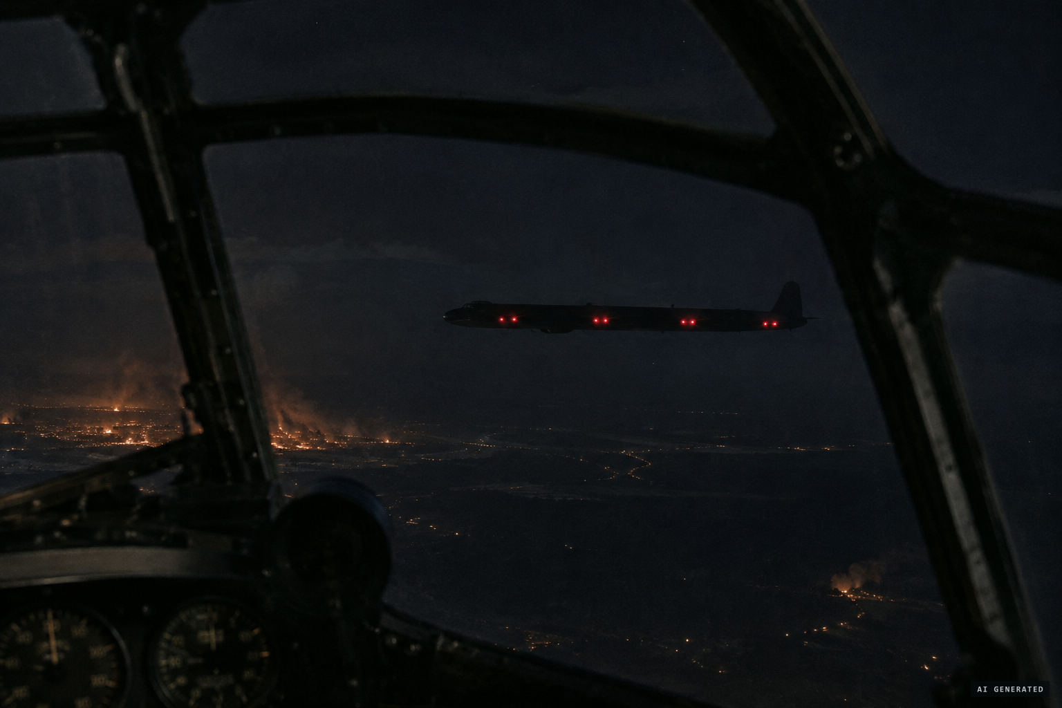The crew sees a long body with four pairs of red lights coming the other way