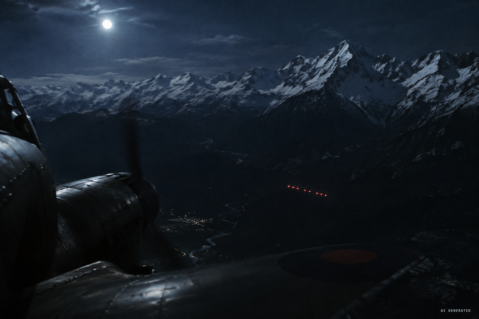Approaching the Alps, the crew sees it again, moving up a valley below the peaks