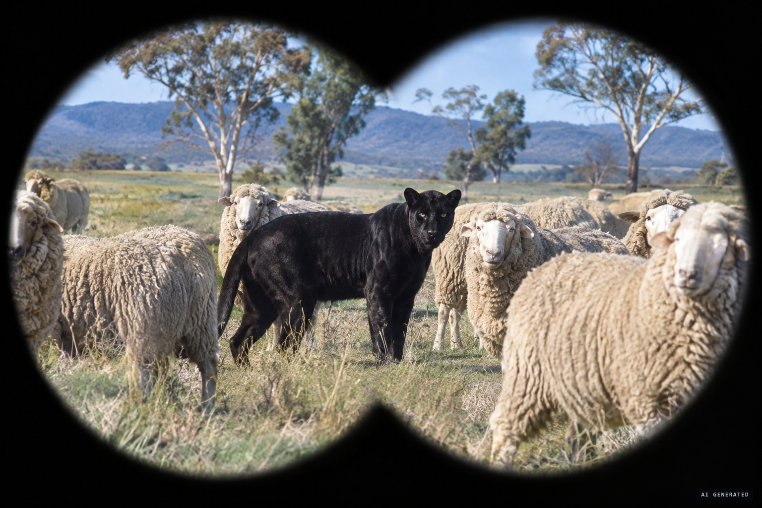 Through the binoculars: a black cat the size of the ewes