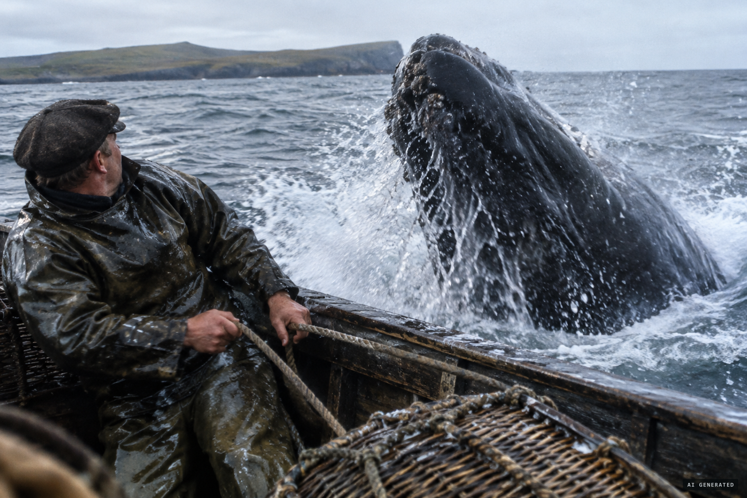The monster suddenly rises out of the water at the side of the boat