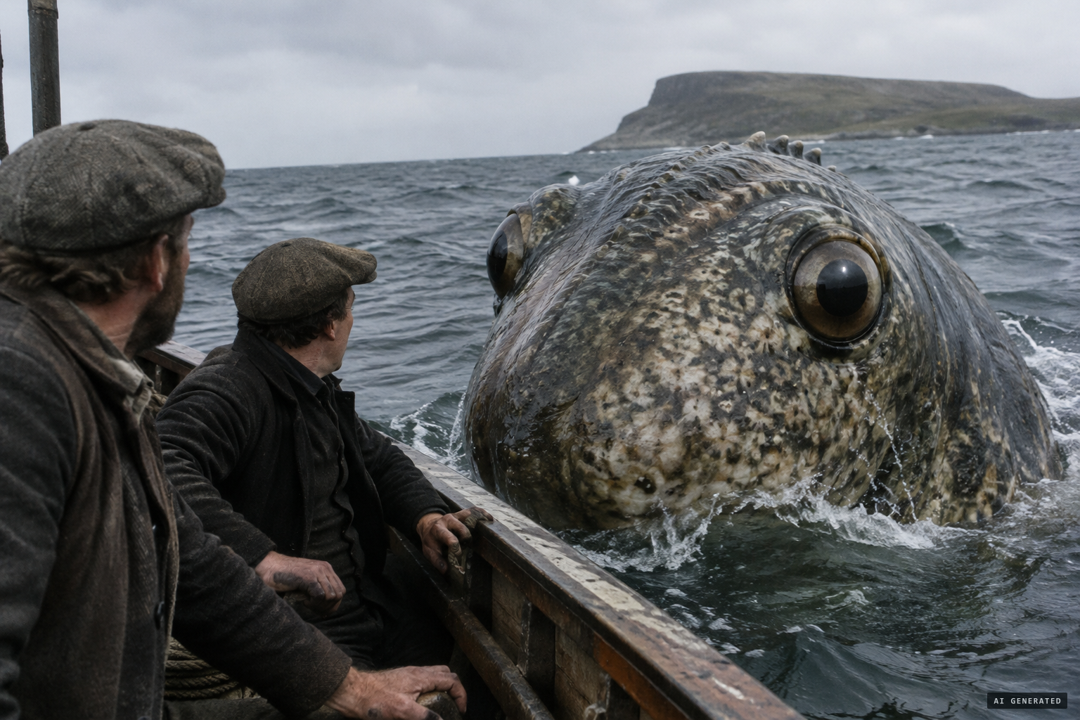 A scaly, spotted body as massive as a horse, with eyes as large as a bowl, looks at the fishermen