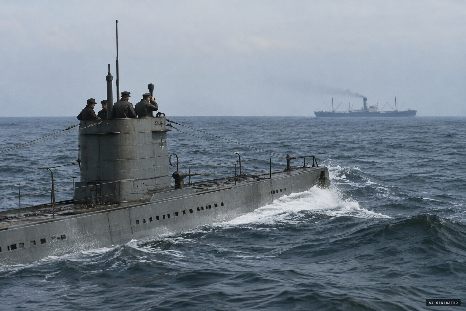 U-28 at sea in the Western Approaches, with the cargo steamer Iberian on the horizon