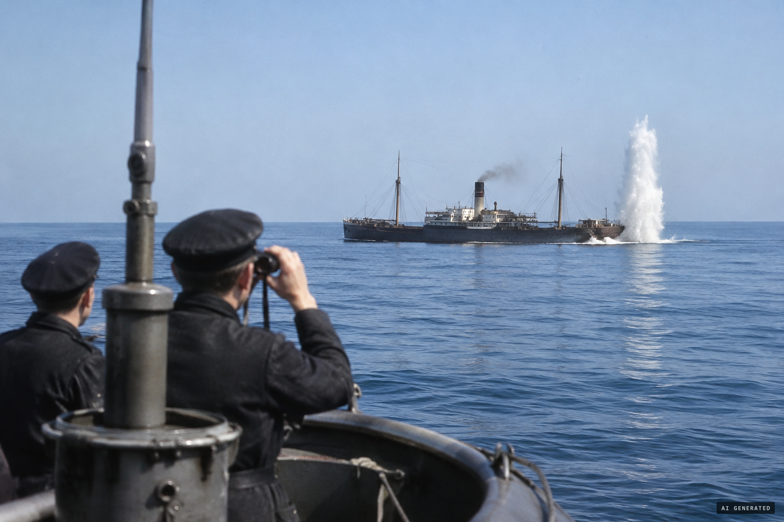 The torpedo strikes the Iberian's stern
