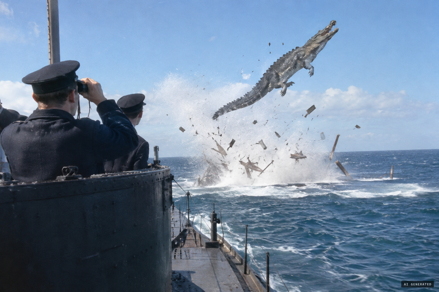A gigantic sea animal is flung into the air with the debris