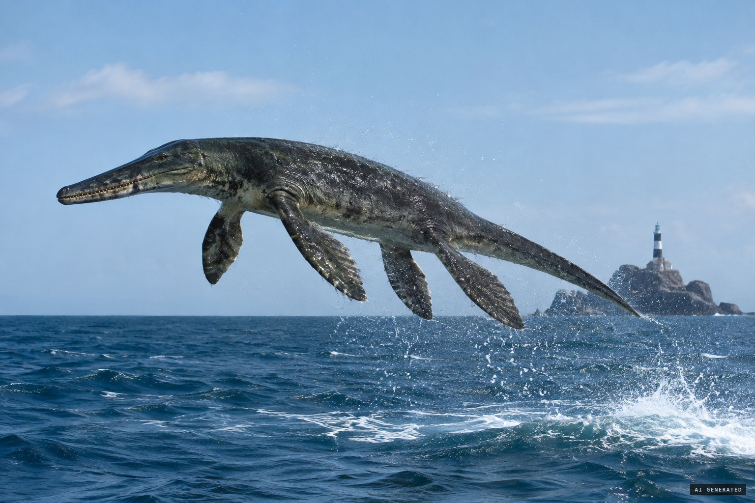 About 20 meters long and crocodile-like, with webbed legs and a pointed tail