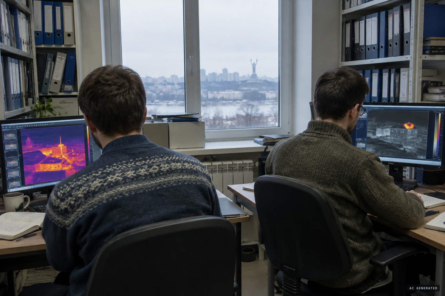 Two researchers in Kyiv examine the military observations