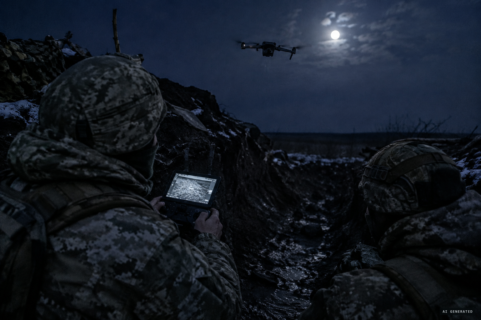 Ukrainian soldiers fly drones at night with thermal cameras over the front line.