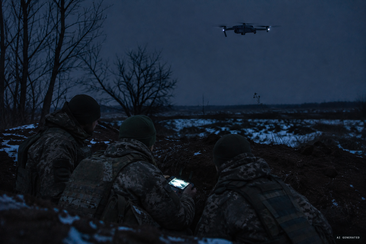 A 406th Artillery Brigade crew flies its DJI Mavic 3T on night reconnaissance.