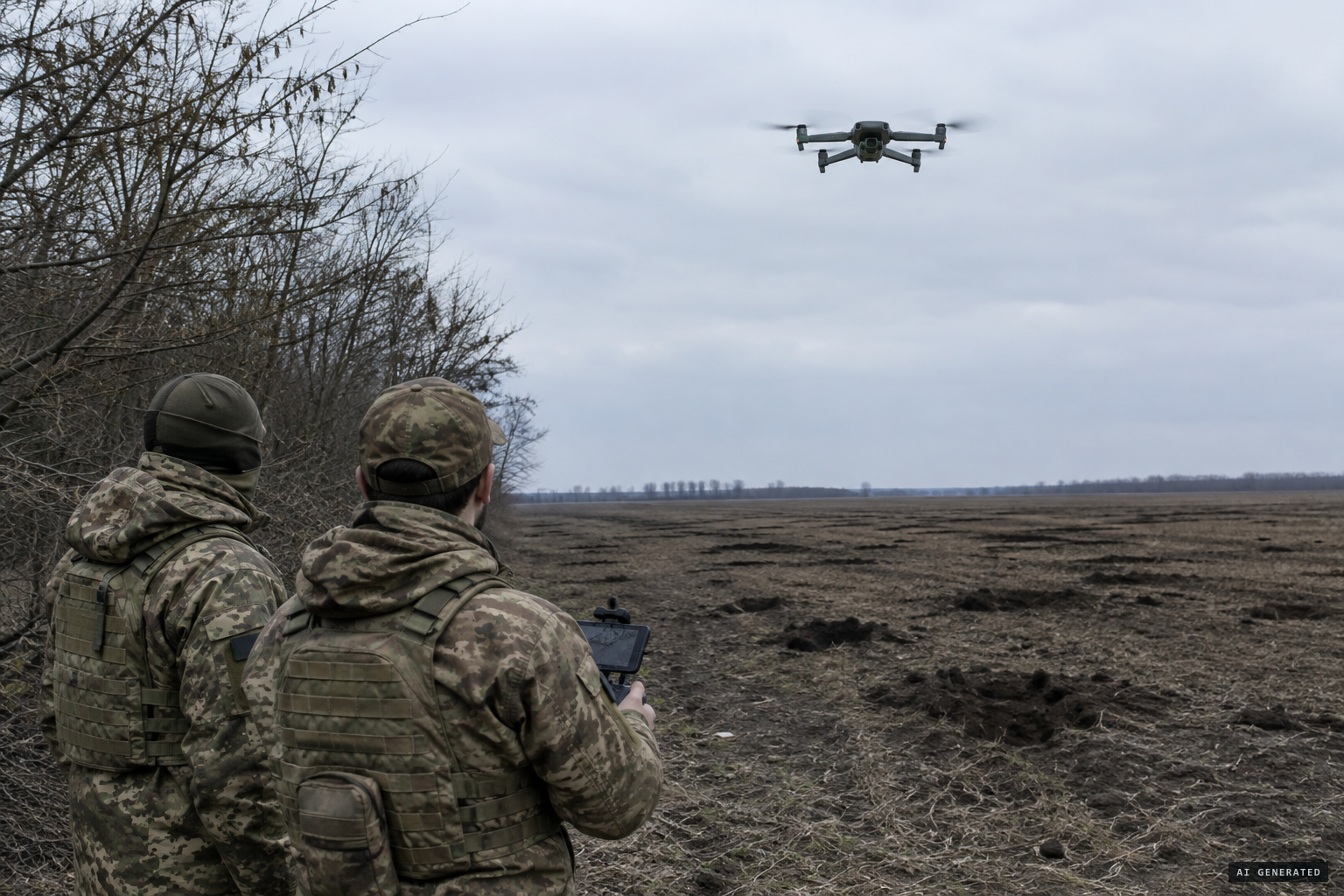 A DJI Mavic 3T drone flies with its thermal camera running, 28 March 2024