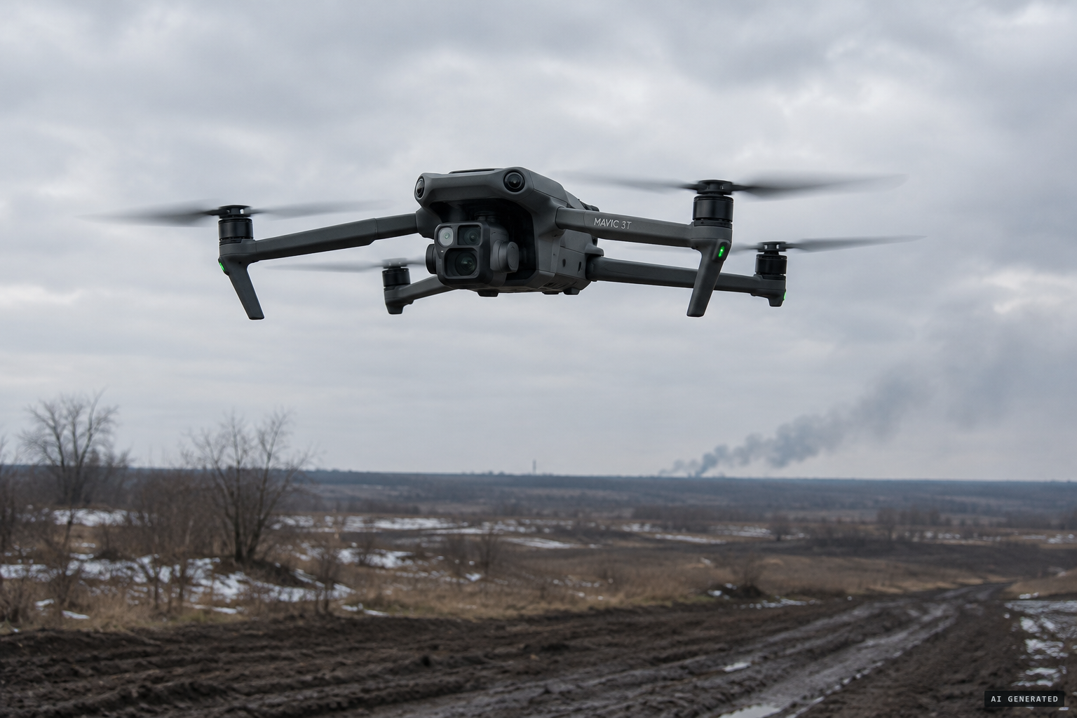 A Mavic 3T drone flying with its thermal camera recording