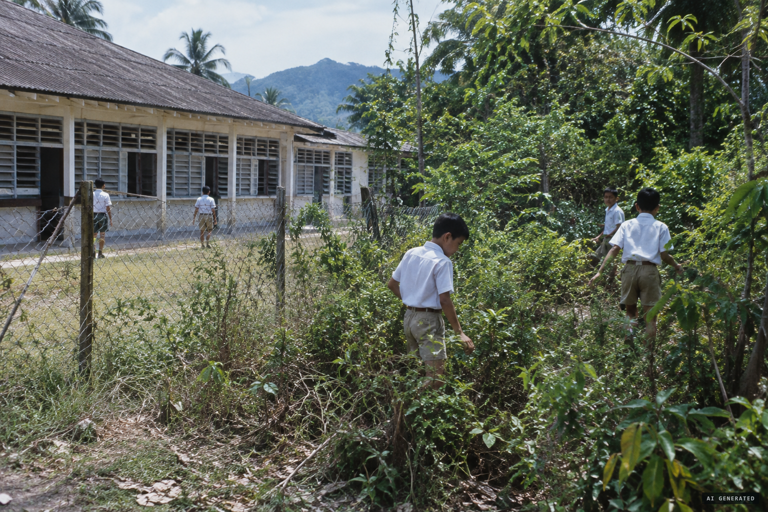 Stowell School and the belukar scrub just outside its fence, where the boys played cops and robbers