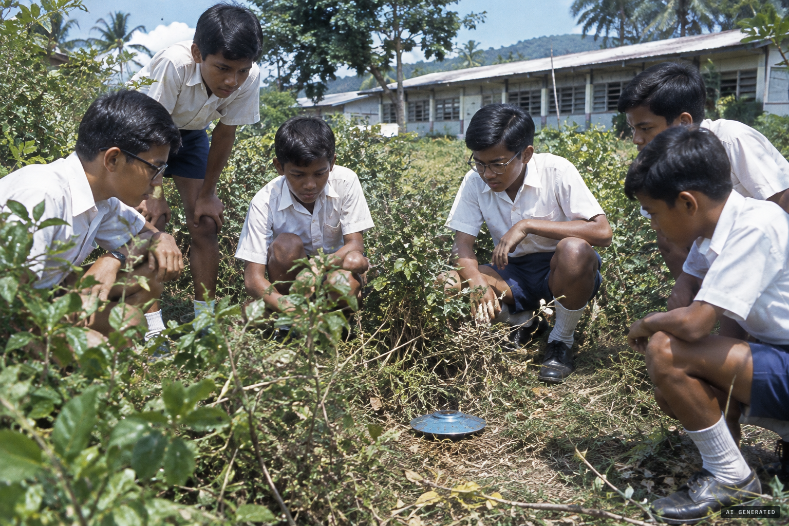 After school, six boys watch a soup-plate sized blue disc land in the bushes