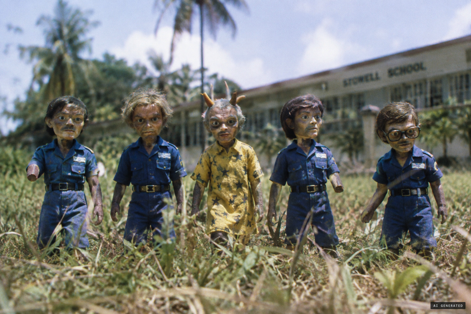 The three-inch 'space Lilliputians': four in blue, a horned leader in a starred yellow tunic