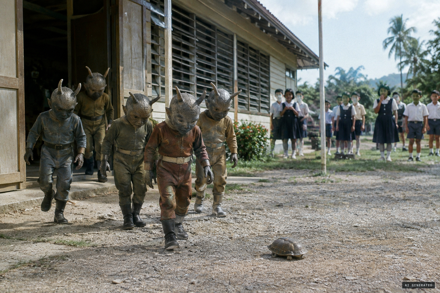 Five days later at Rawang, a turtle-shell object lands and five horned little humanoids emerge