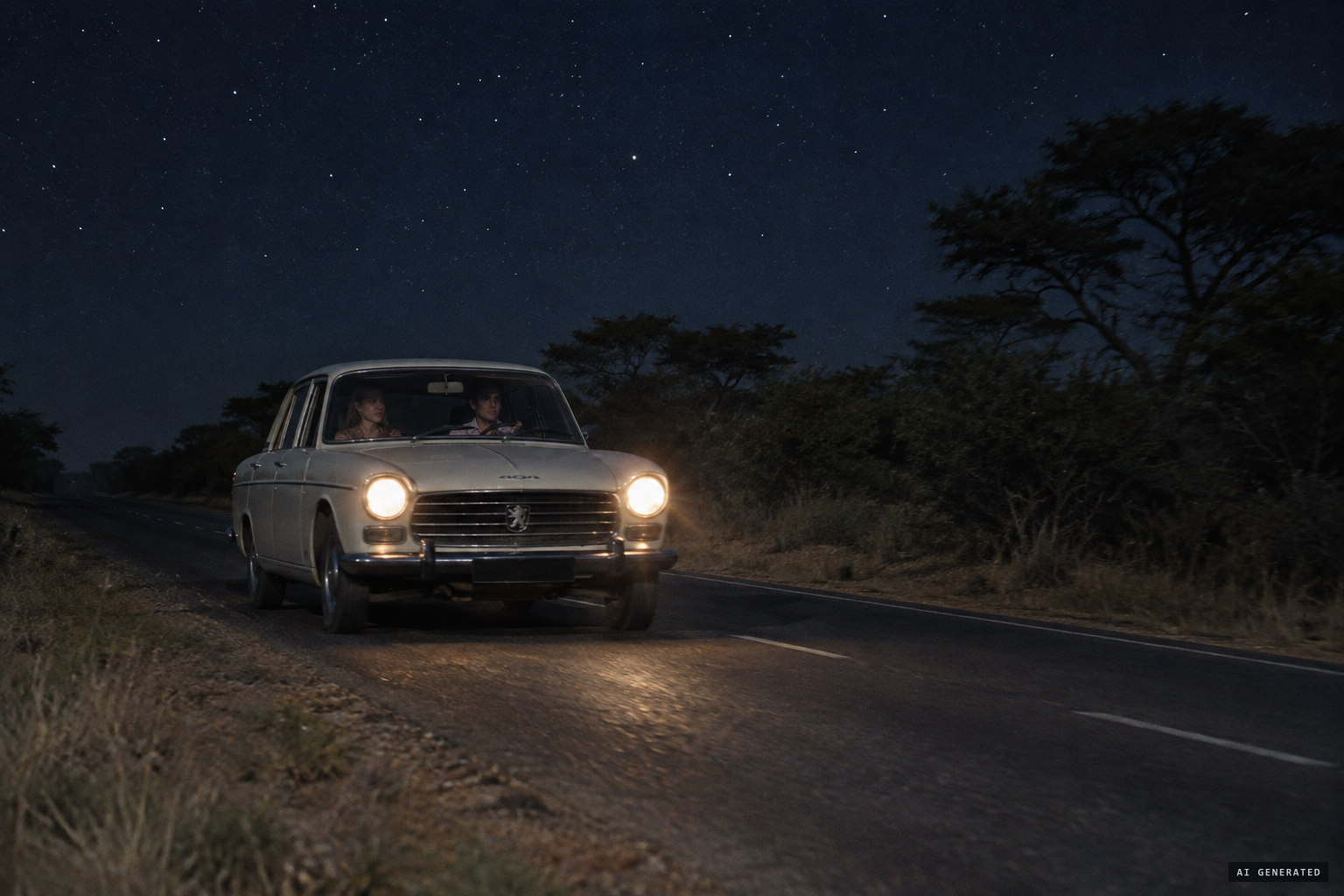 Peter and Frances set off on the night drive from Salisbury toward Durban in their Peugeot 404