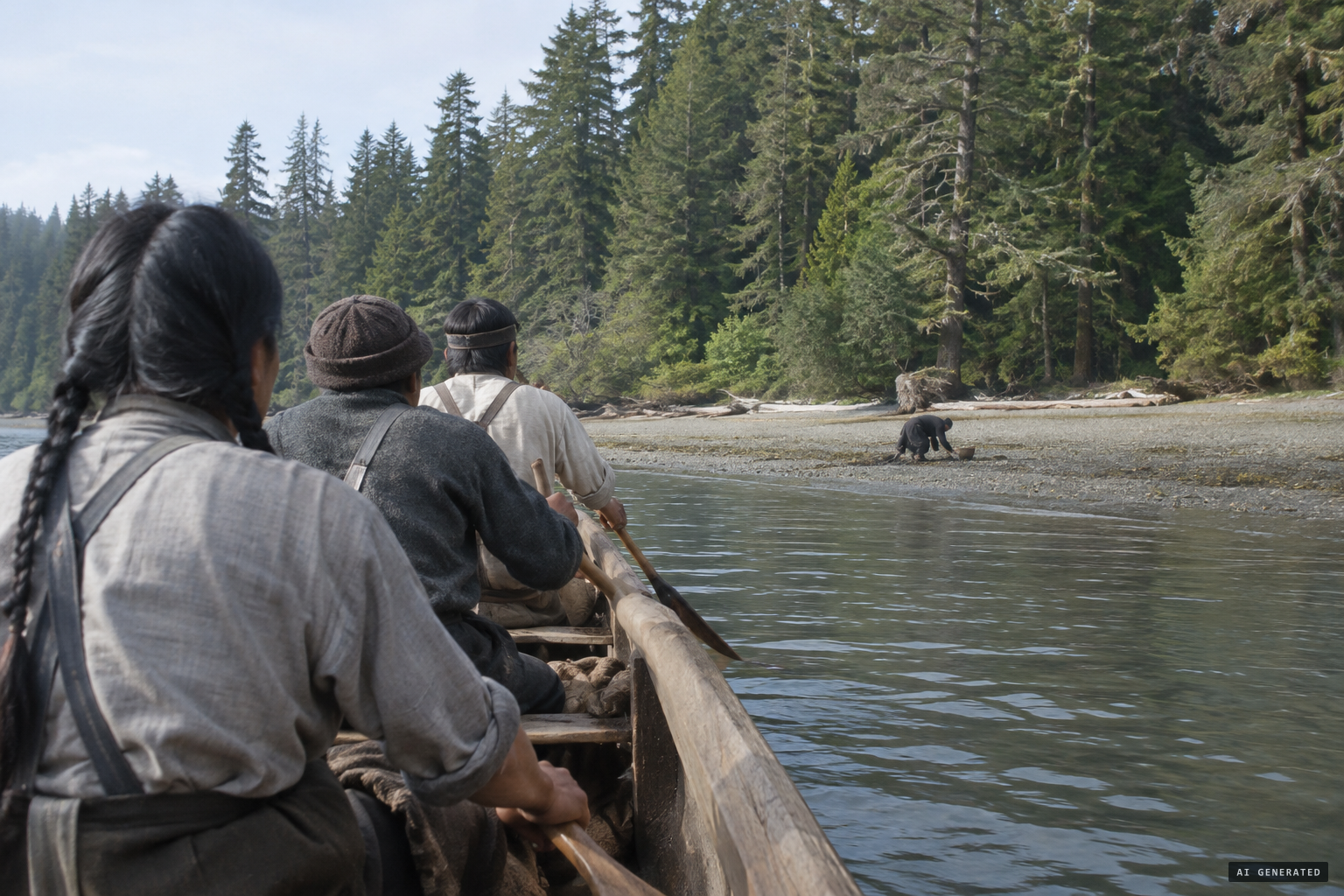 From the canoe, the men see a crouching figure they take for a bear digging clams