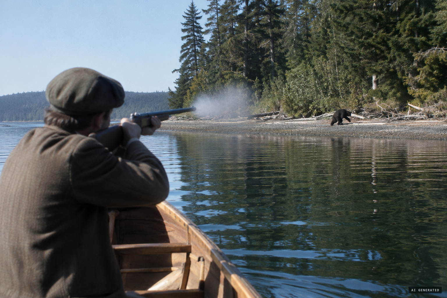 One of the men fires his shotgun at the figure