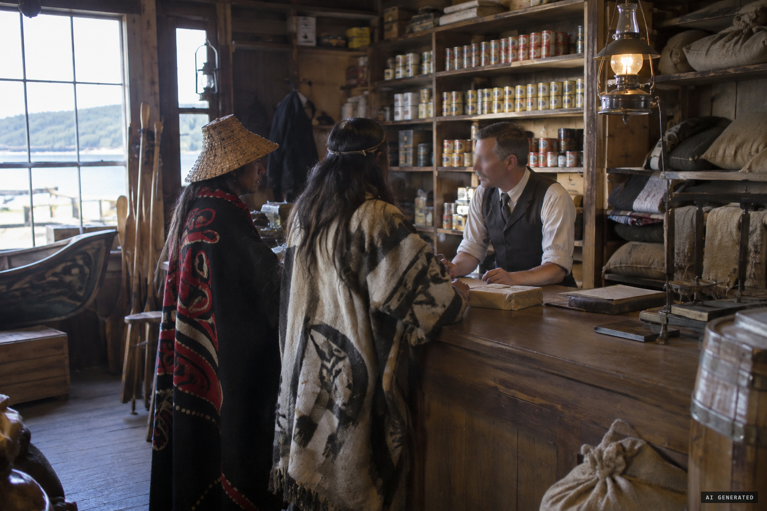 The canoeists tell Union Bay merchant John Fraser what they saw