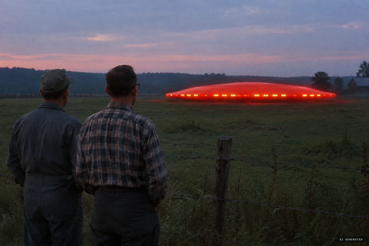 Carl Wood and Charles Hawthorne see a large bright red object with small windows and yellow lights