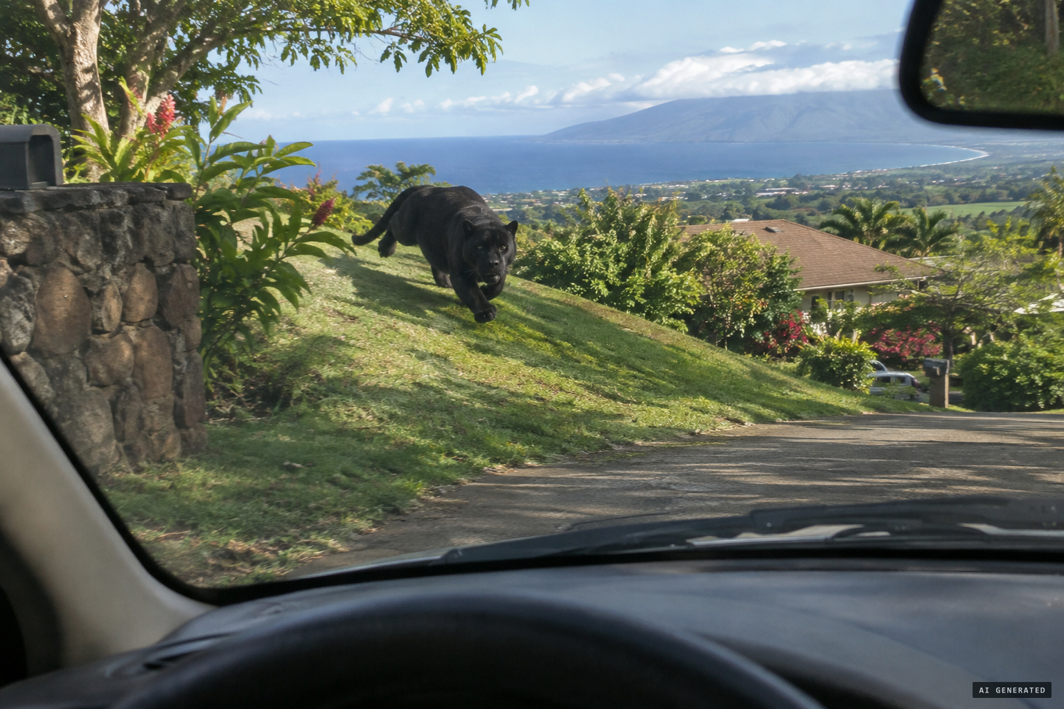 Leaving their driveway, the Wachters see a large dark cat running down the hill