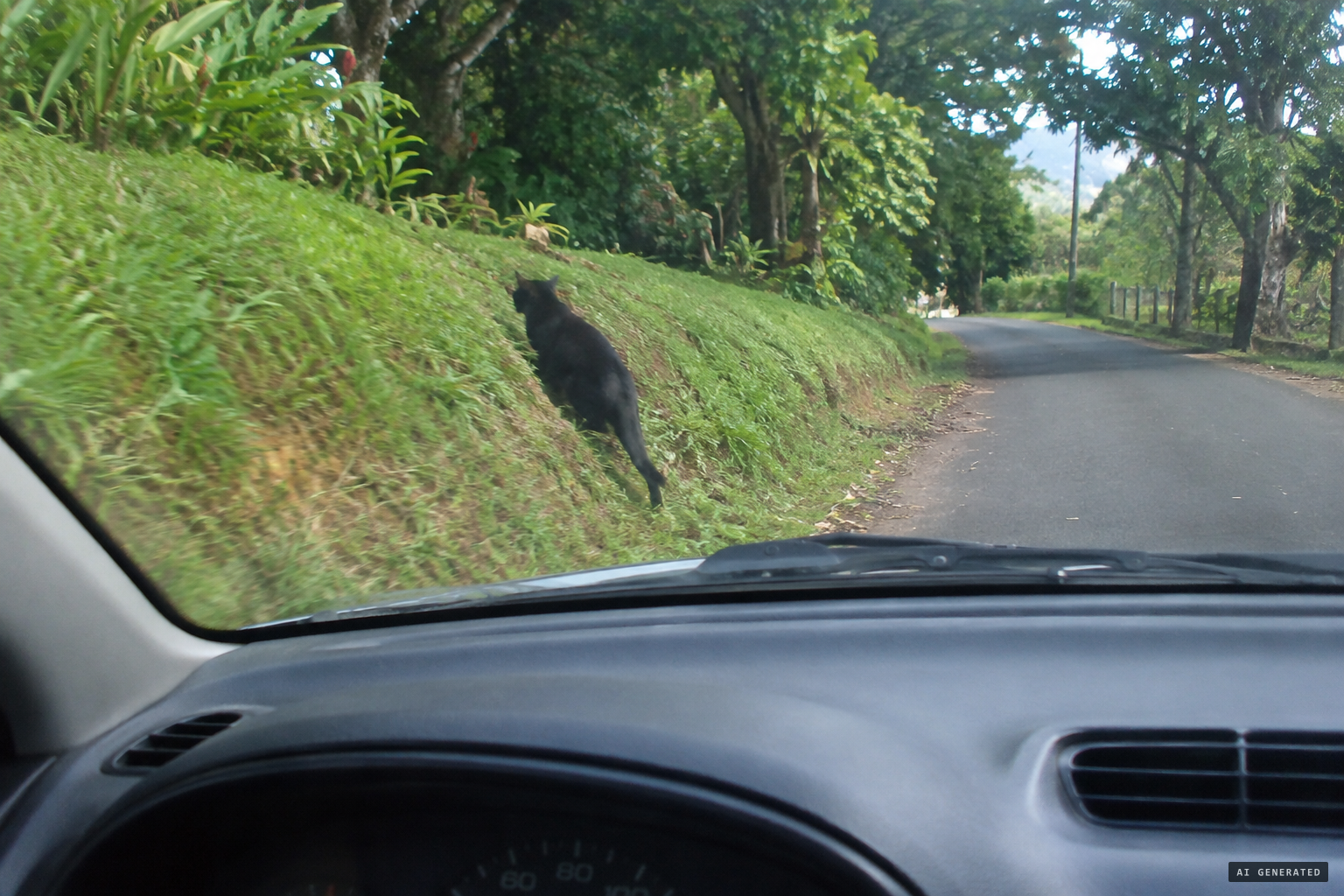 A driver watches a large cat ascending a swale on an Olinda road