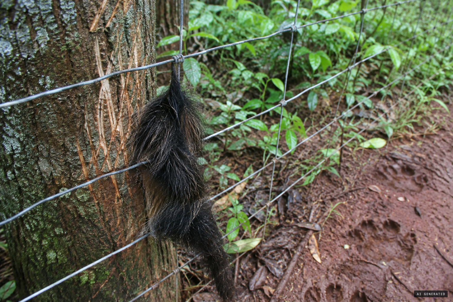 Fur on a fence, scratched trees and large catlike paw prints in the gulch