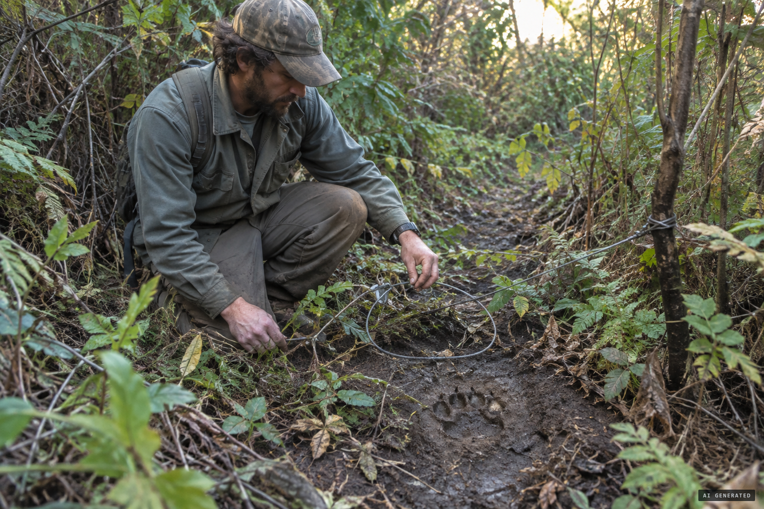 Snares set with serval scent lure, and a paw print measured