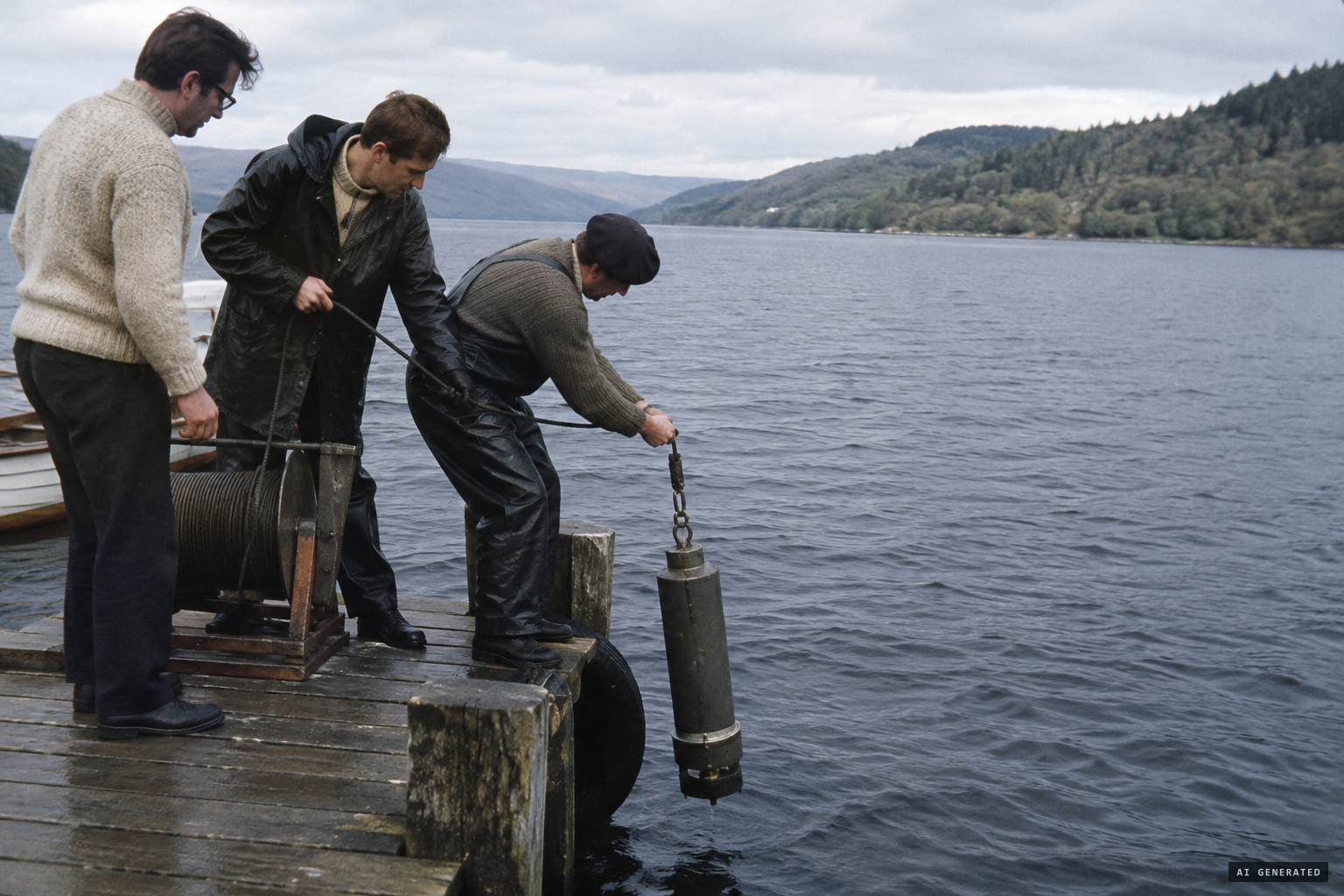 The sonar transducer is fixed underwater at Temple Pier, aimed across the loch