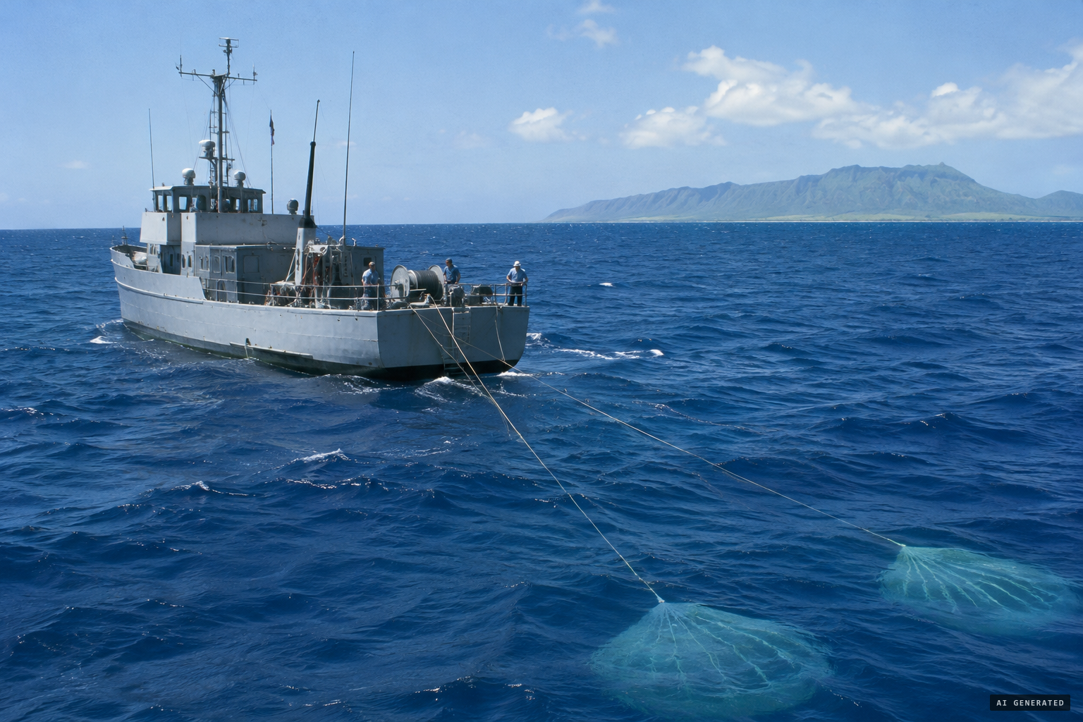 Navy vessel AFB-14 holding position on its sea anchors off Kahuku Point