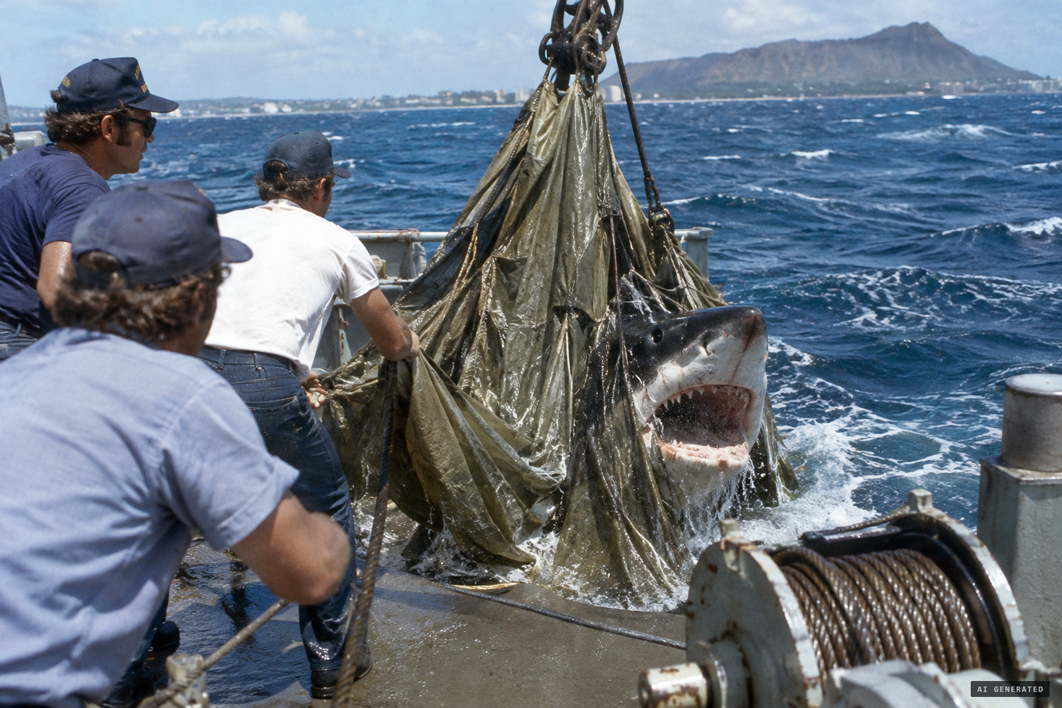 The parachute sea anchor comes up with a huge shark tangled inside