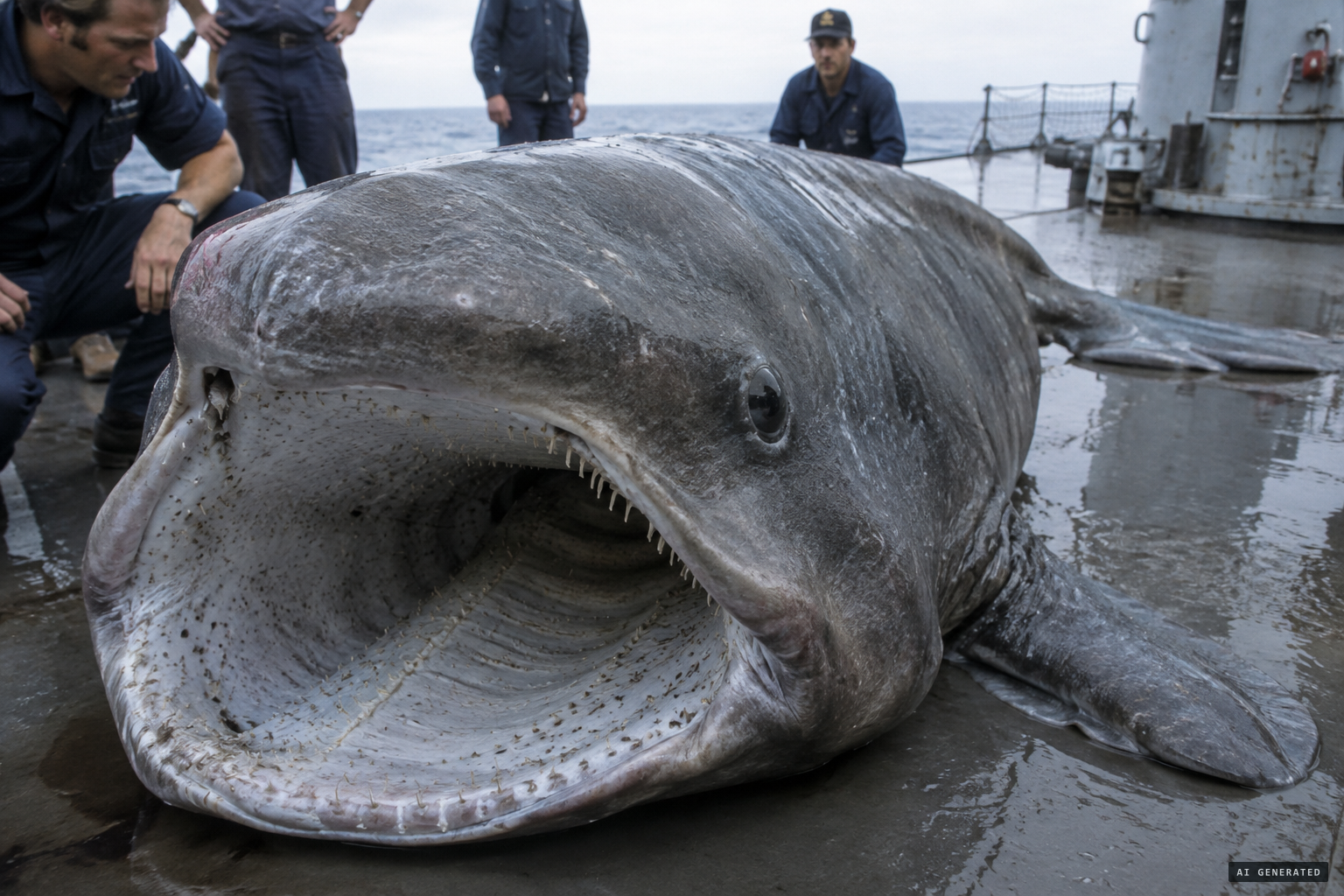 The shark's wide mouth, silvery lining and black eyes