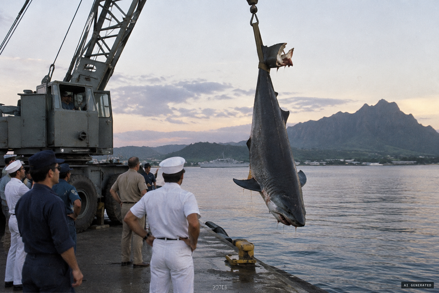 A Navy crane lifts the shark by the tail and the tail fin breaks
