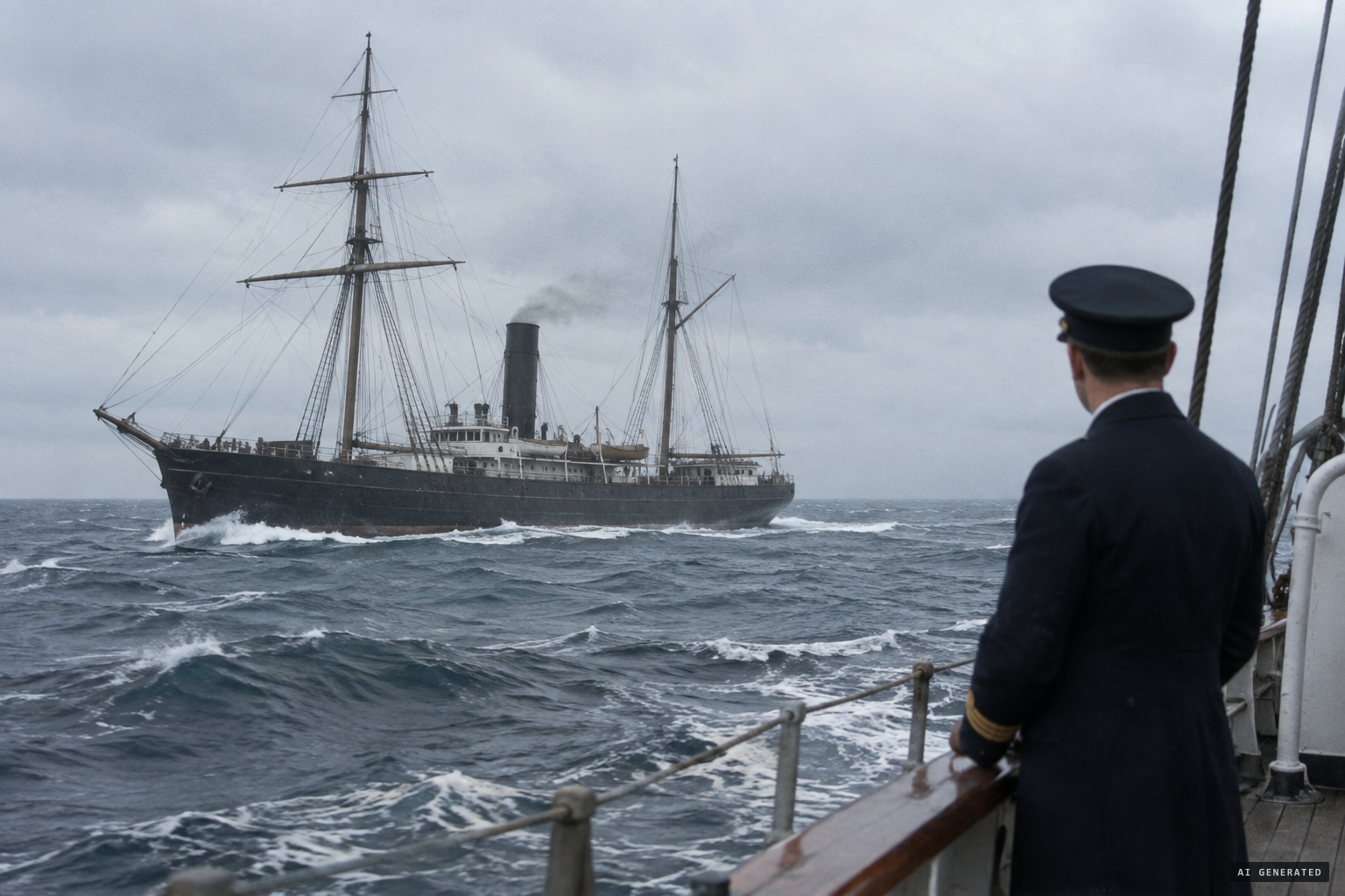 The old iron steamer USS Supply crossing the Pacific in the winter of 1904