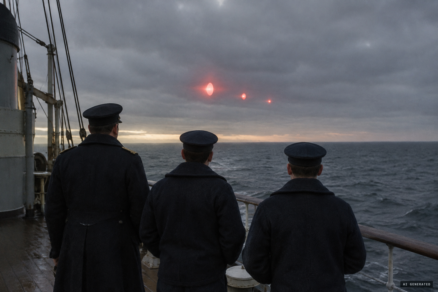 Three red luminous objects, egg-shaped leader and two round ones, seen by the watch