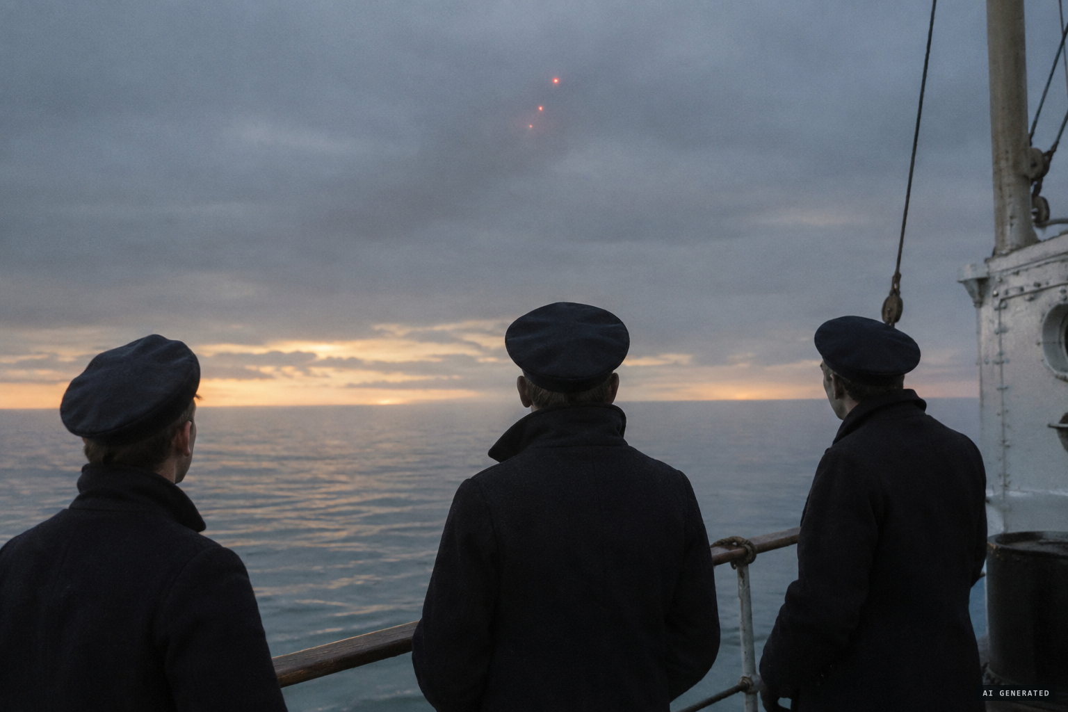Three unnamed men watch red lights climb into the clouds at dawn