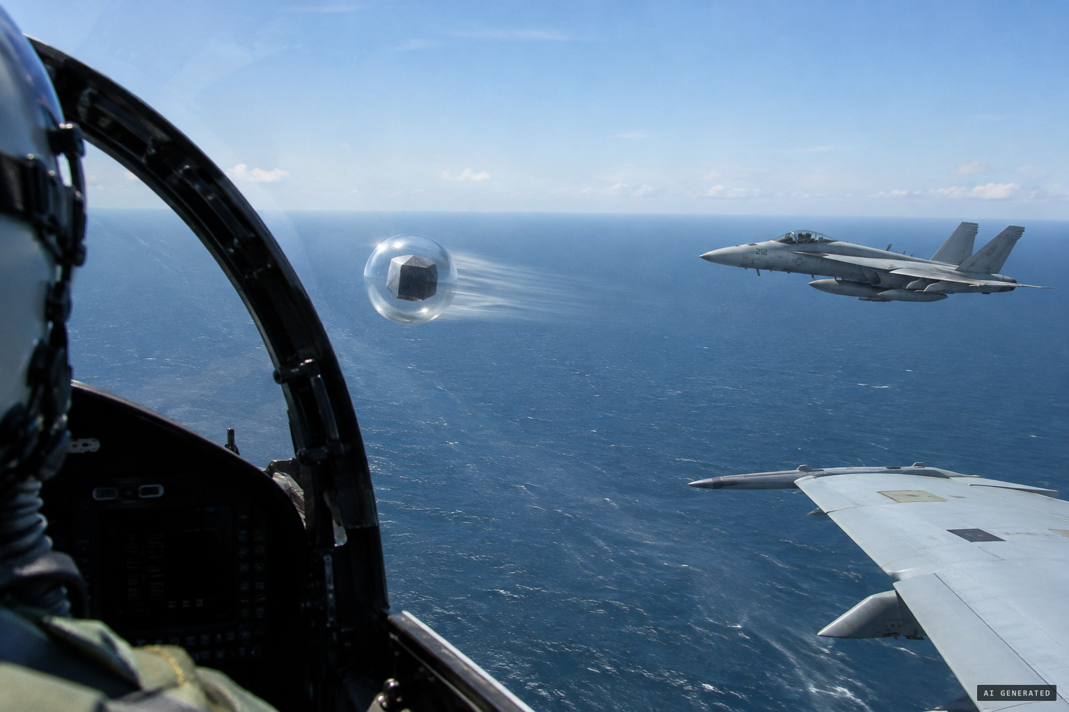 A sphere encasing a cube passes between the two jets