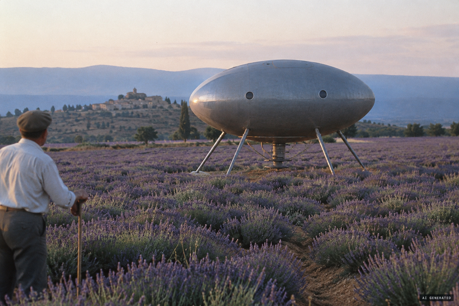 A matte, rugby-ball-shaped craft standing on spider-like legs in the lavender