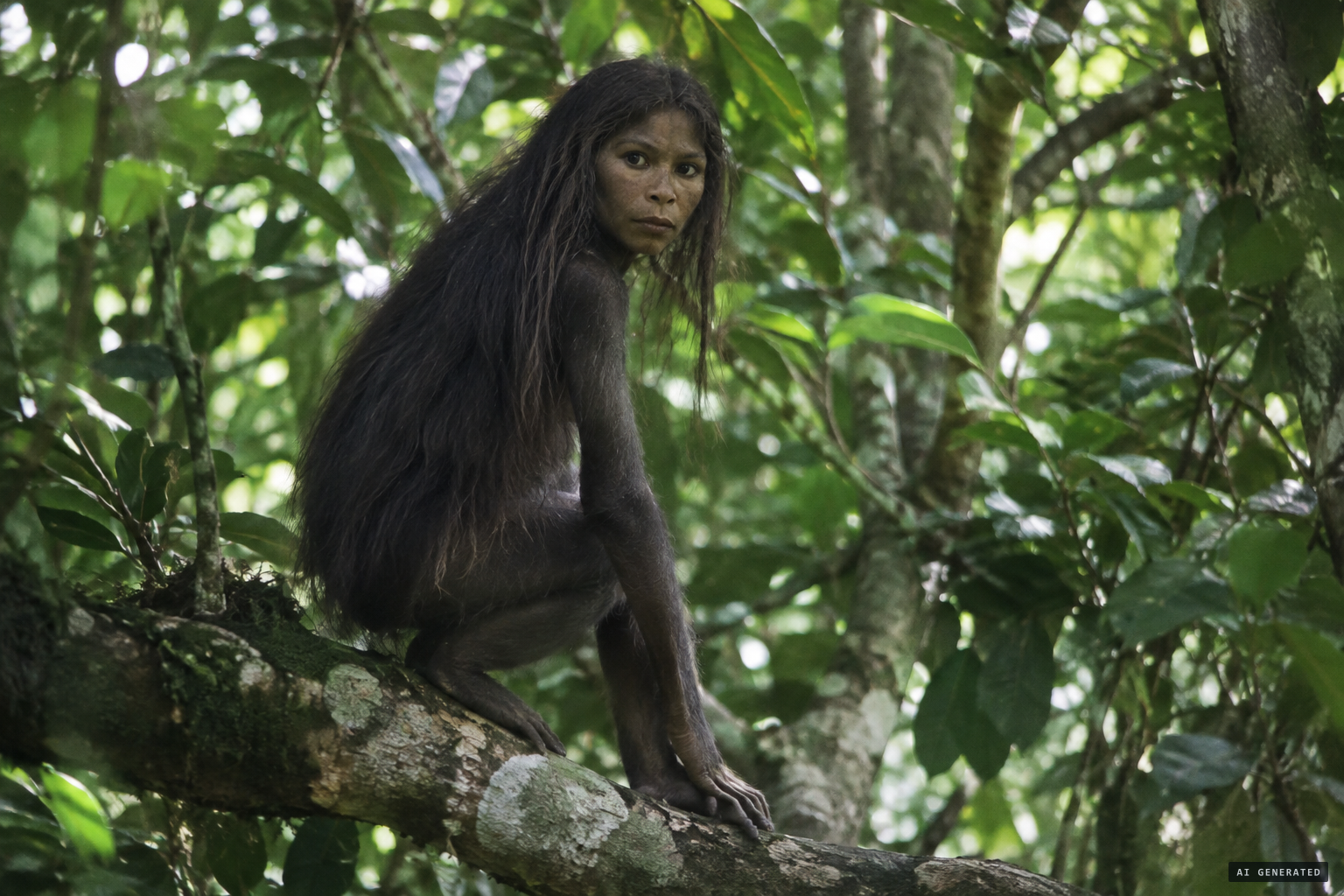 Very dark hair below the shoulder-blades, long arms, short legs, about five feet tall