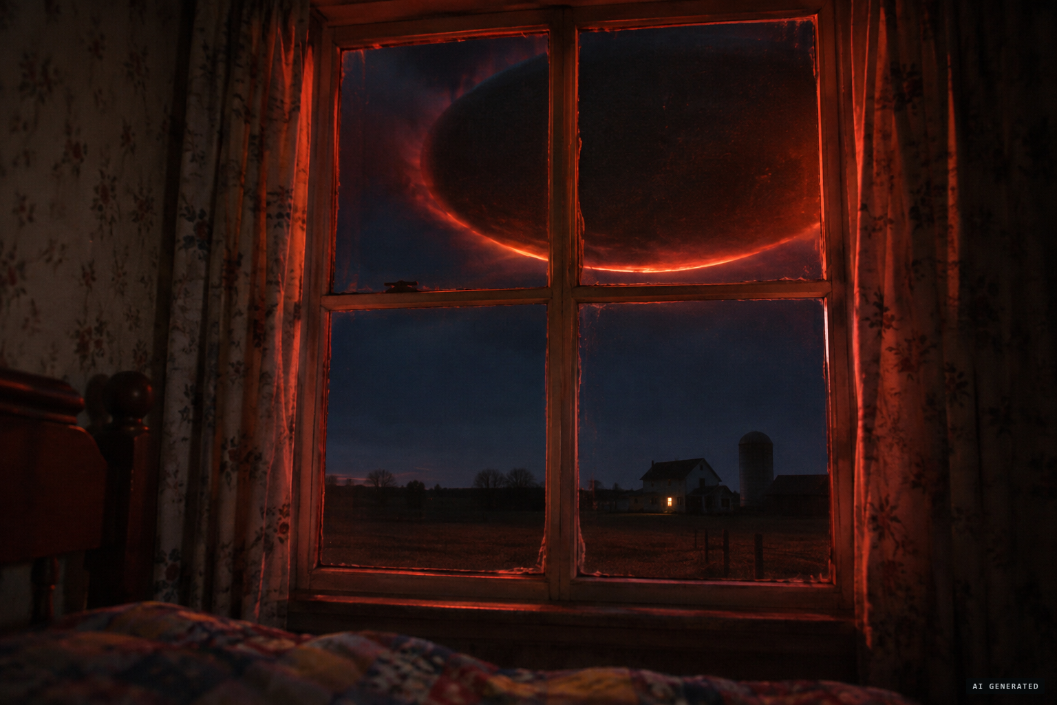The object rises over the farmhouse, rattling the bedroom windows