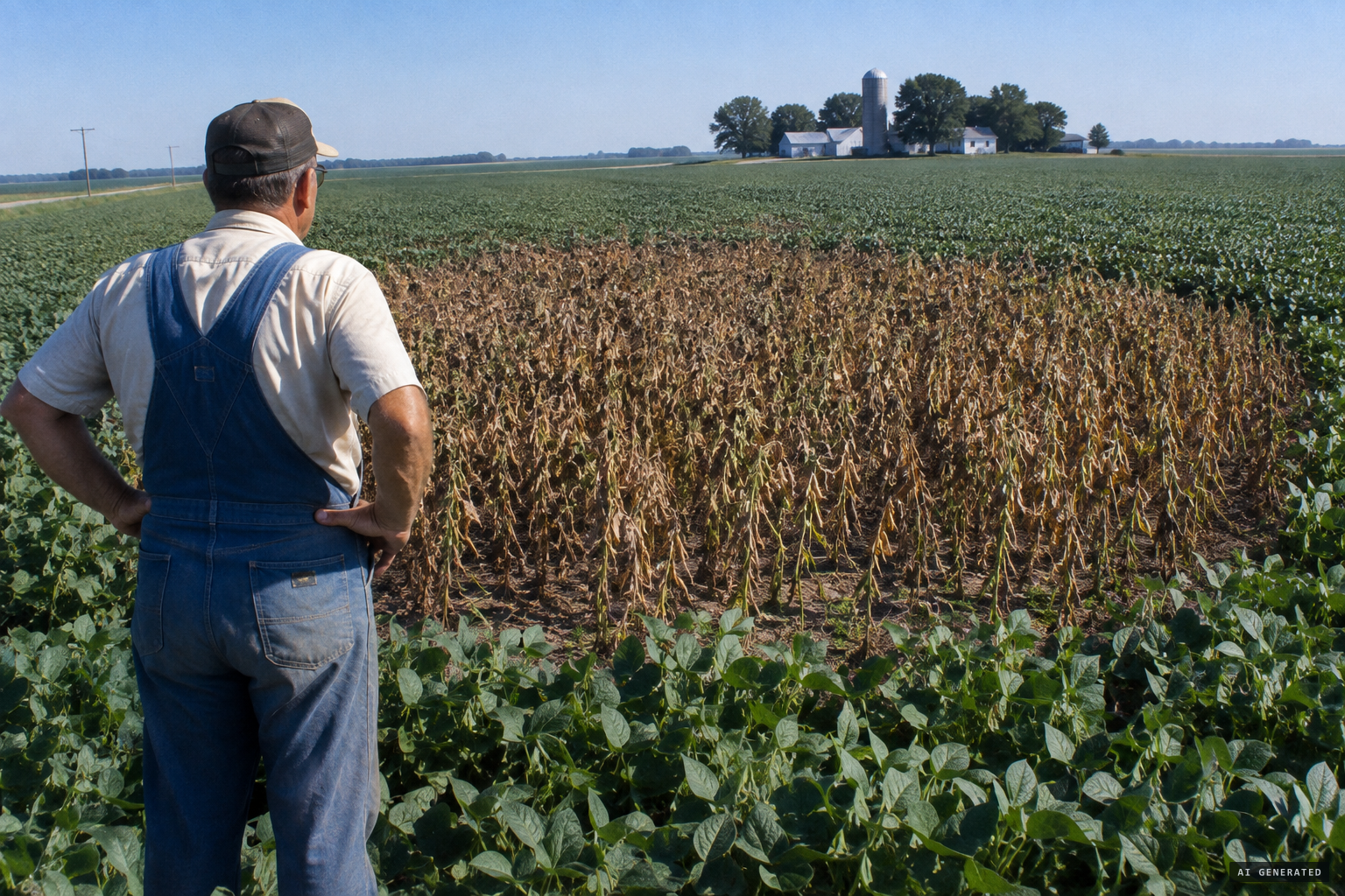 Warren Barr finds a nearly bare patch of dehydrated, unbroken soybeans