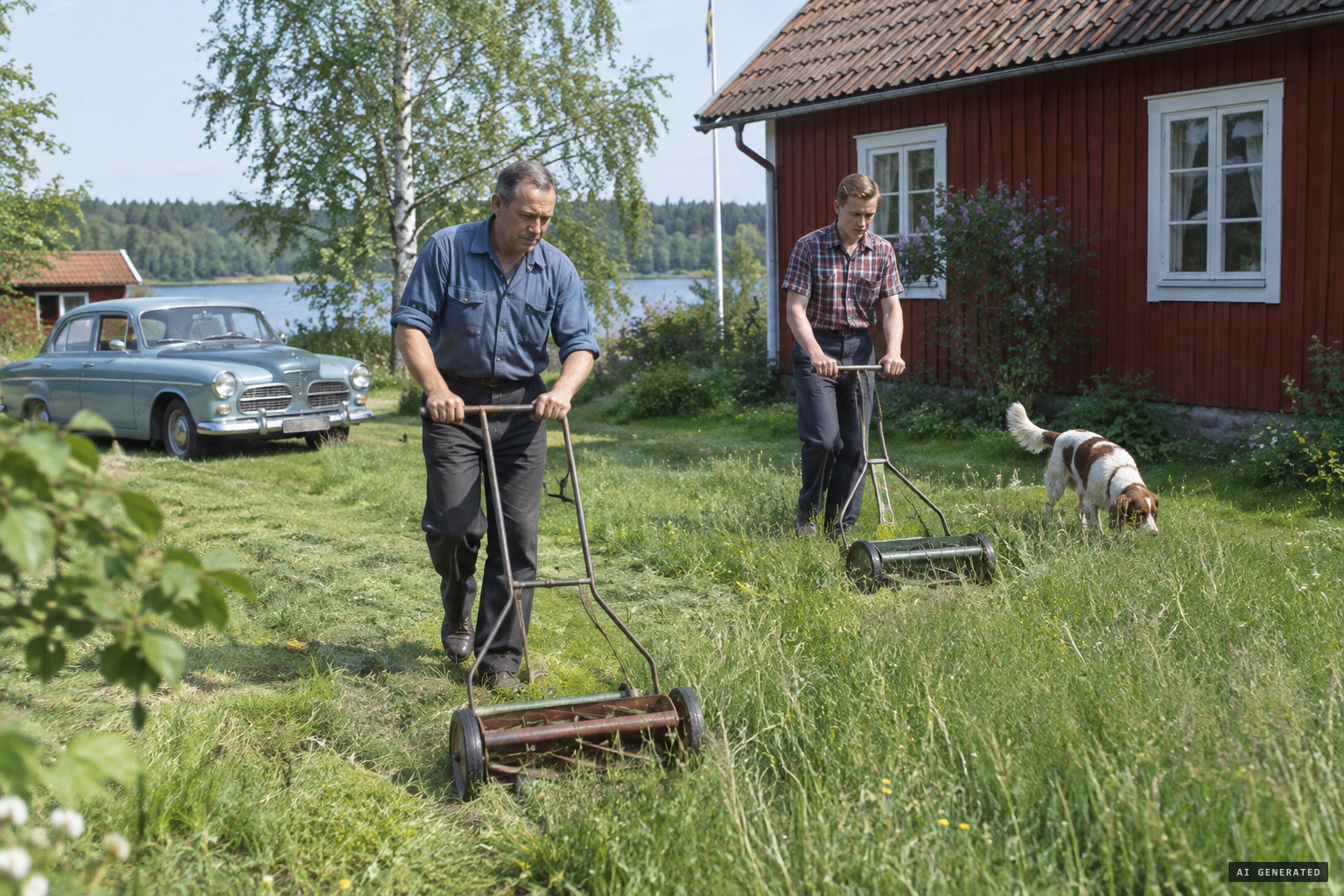 Johansson, his daughter's fiancé and the dog mowing the grass on Whitsun Eve